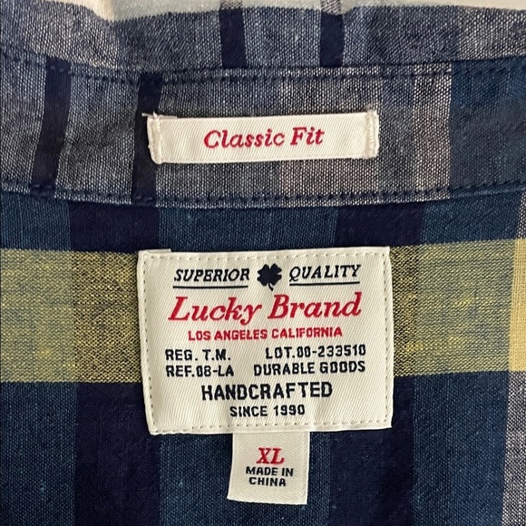 Lucky Brand Men’s Half Placket Shirt Size XL Plaid Short Sleeve Cotton Linen - Picture 2 of 8